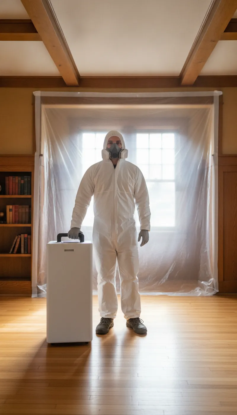Mold removal technician in PPE working in a Pasadena home