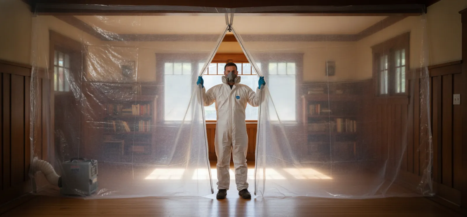 Mold removal technician in PPE working in a Pasadena home